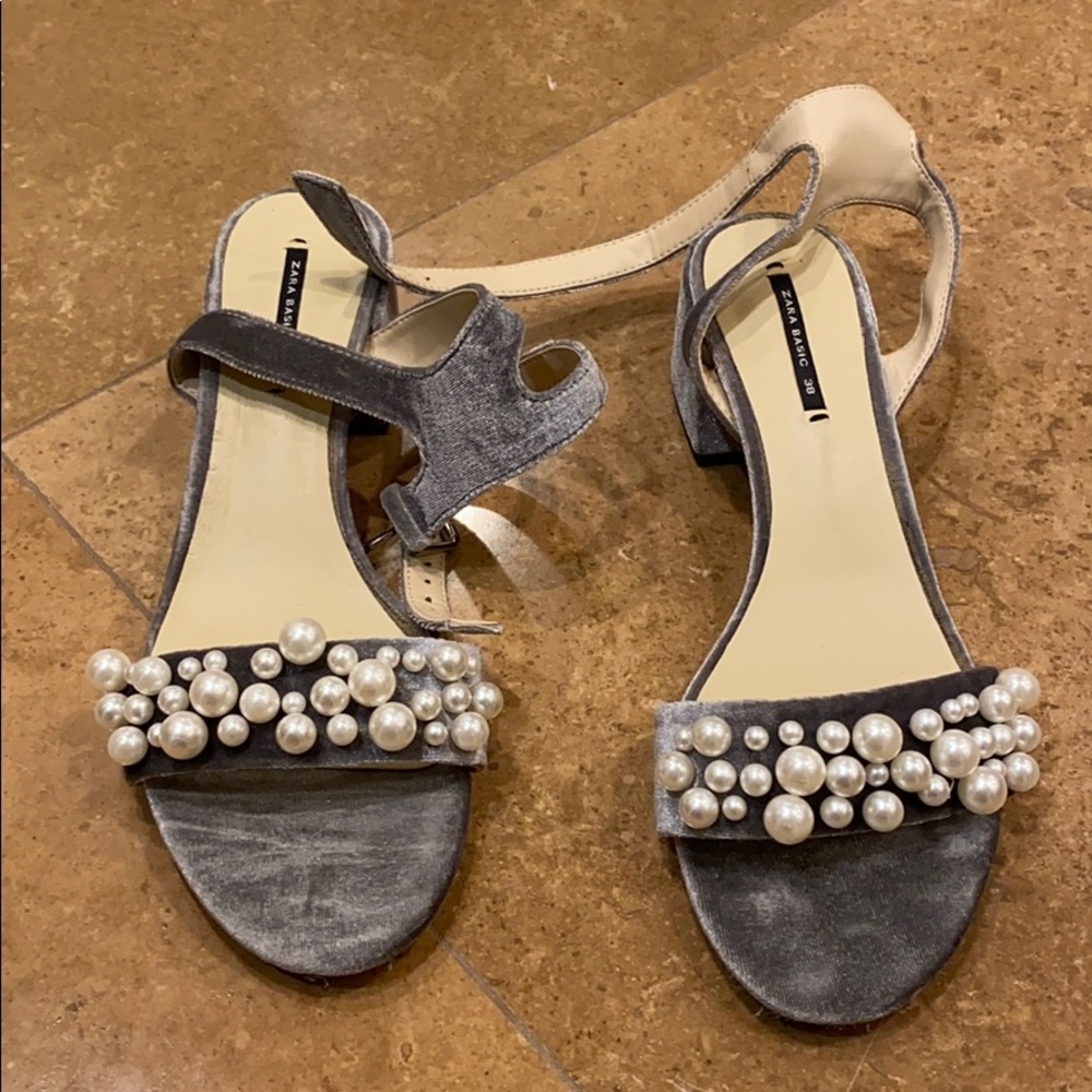 gray silver velvet sandals